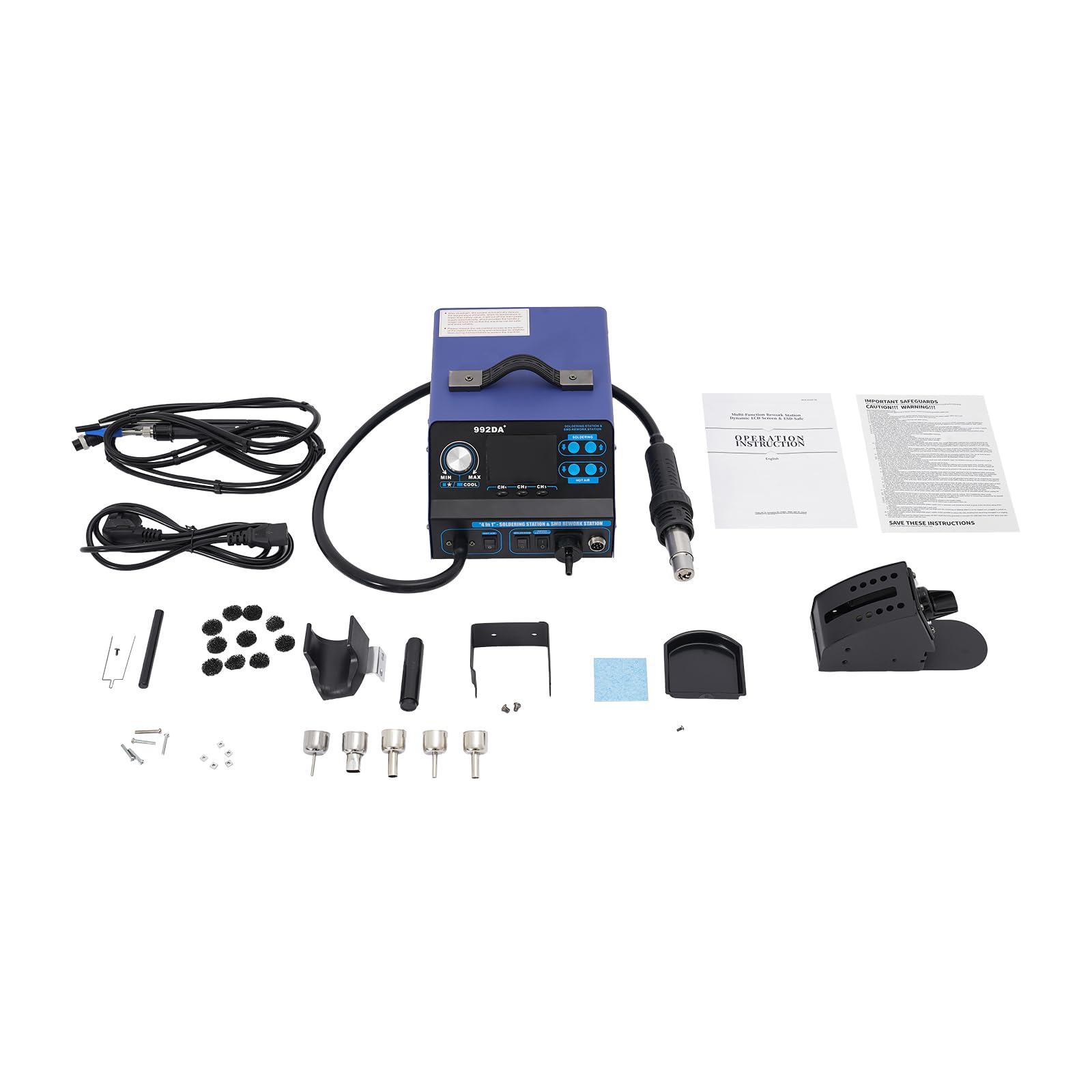 992DA+ Heißluft Lötstation, 3-in-1 Entlötstation mit LCD Bildschirm und 5 Heißluftdüsen, Einstellbarer Temperatur und Luftvolumen, Kaltluft/Warmluft Auto Start/Stop