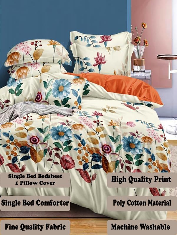 Image of Polycotton Printed 120 TC Comforter & Bedsheet Single Bed Bedding Set, Queen Size (60x90 inch), Multi & Cream, 3 Pieces