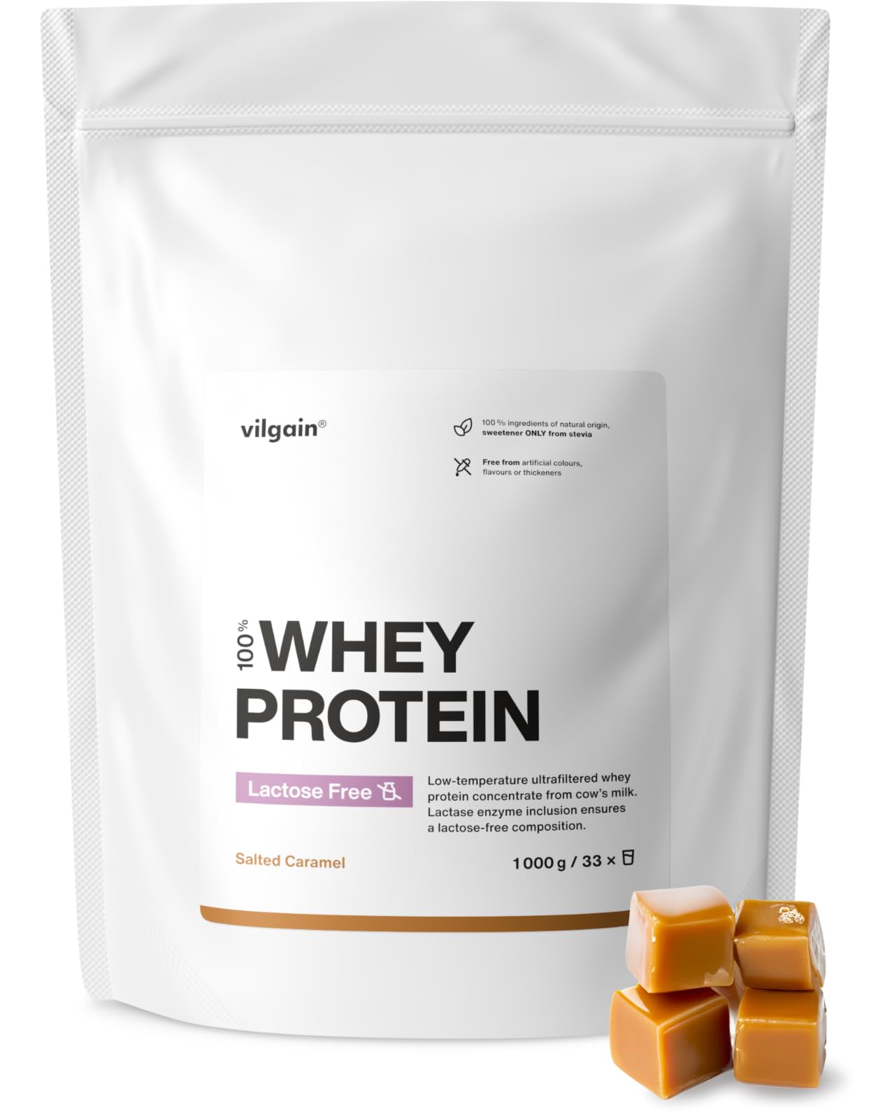 Vilgain Lactose Free Whey Protein Powder Salted Caramel 1000g | 75% Protein | Low Temp Ultrafiltered Whey Concentrate | Stevia Sweetened | 23g Protein Per Serving | High BCAA Content