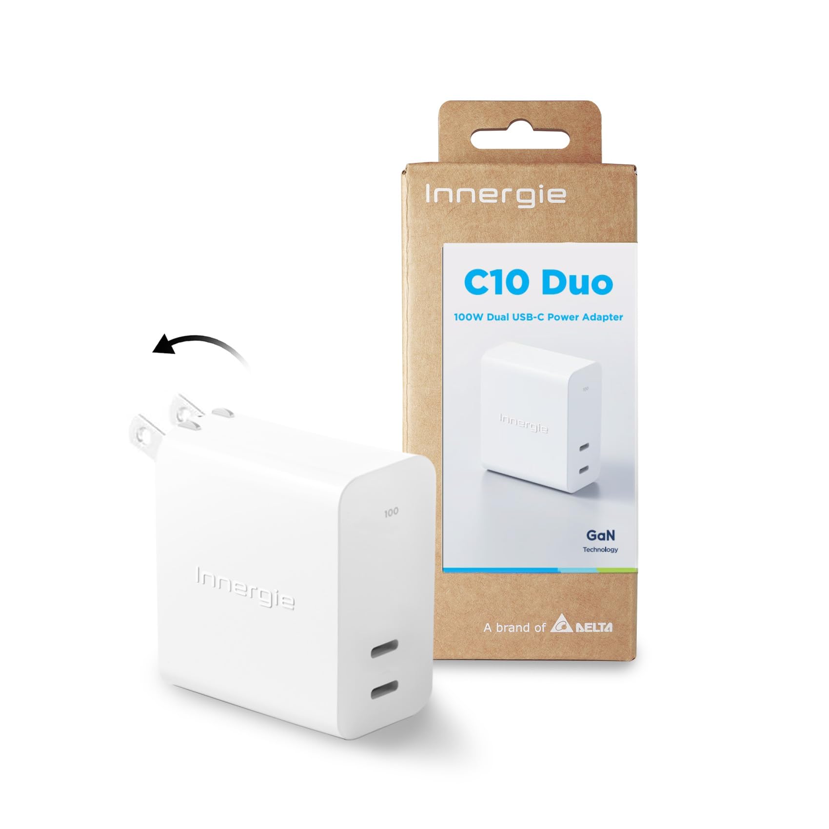 Innergie C10 Duo 100W PD3.0 QC 5 PPS SFC GaN Dual USB C Wall Charger Power Adapter Compatible with iPhone 16, Samsung, iPad, MacBook Pro/Air, Switch &