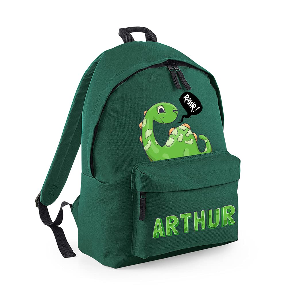 Personalised with ANY NAME Dinosaur Rawr Fashion Backpack, Toddler Backpack for Nursery/Preschool/Travel/Kindergarten, Bookbags for Kids/Teen Fashion Daypack Rucksack Shoulder Bag. (Bottle Green)