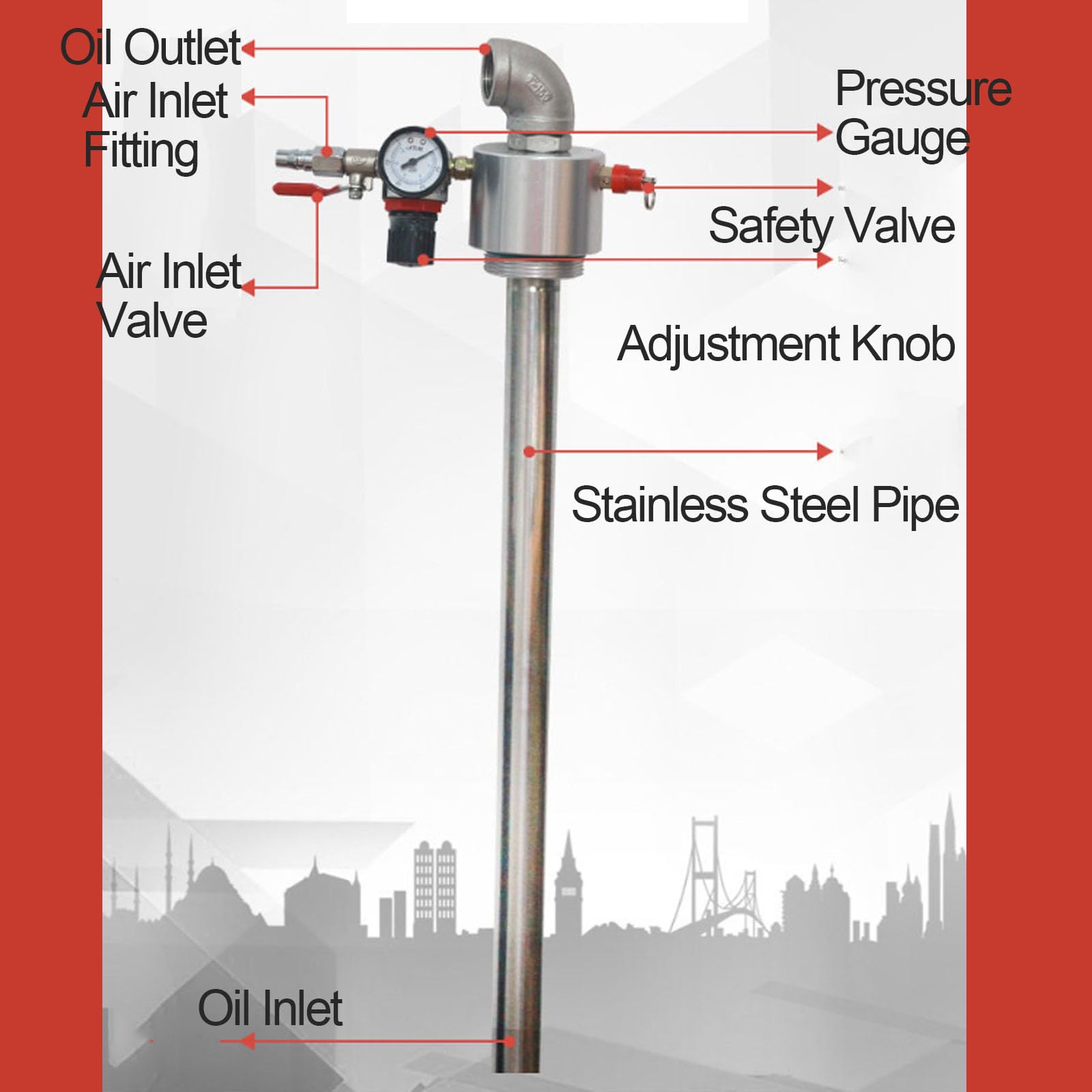Pompa Pneumatica per Travaso Olio, Pompa Pneumatica per Fusti in Acciaio Inox con Manometro E Valvola di Sicurezza, Raccordo di Uscita Olio da 25 Mm, Lunghezza 98 Cm, per Fusti di Olio da