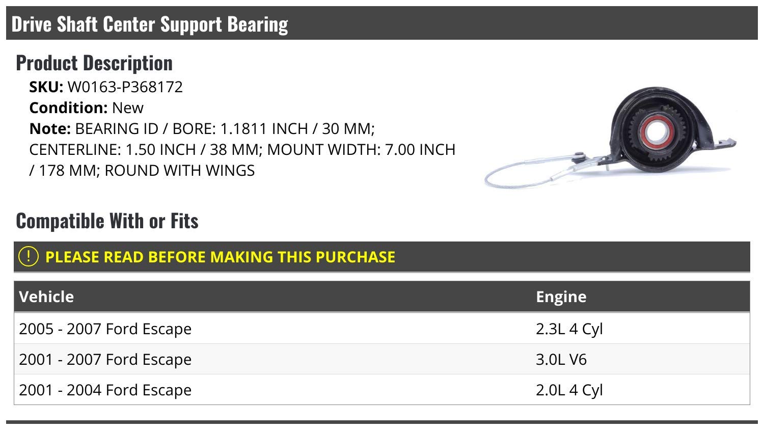 Cojinete De Soporte Central Para Eje De Transmisión – Ford Escape 2001-2007 3.0L (7L8Z-4R602-B)