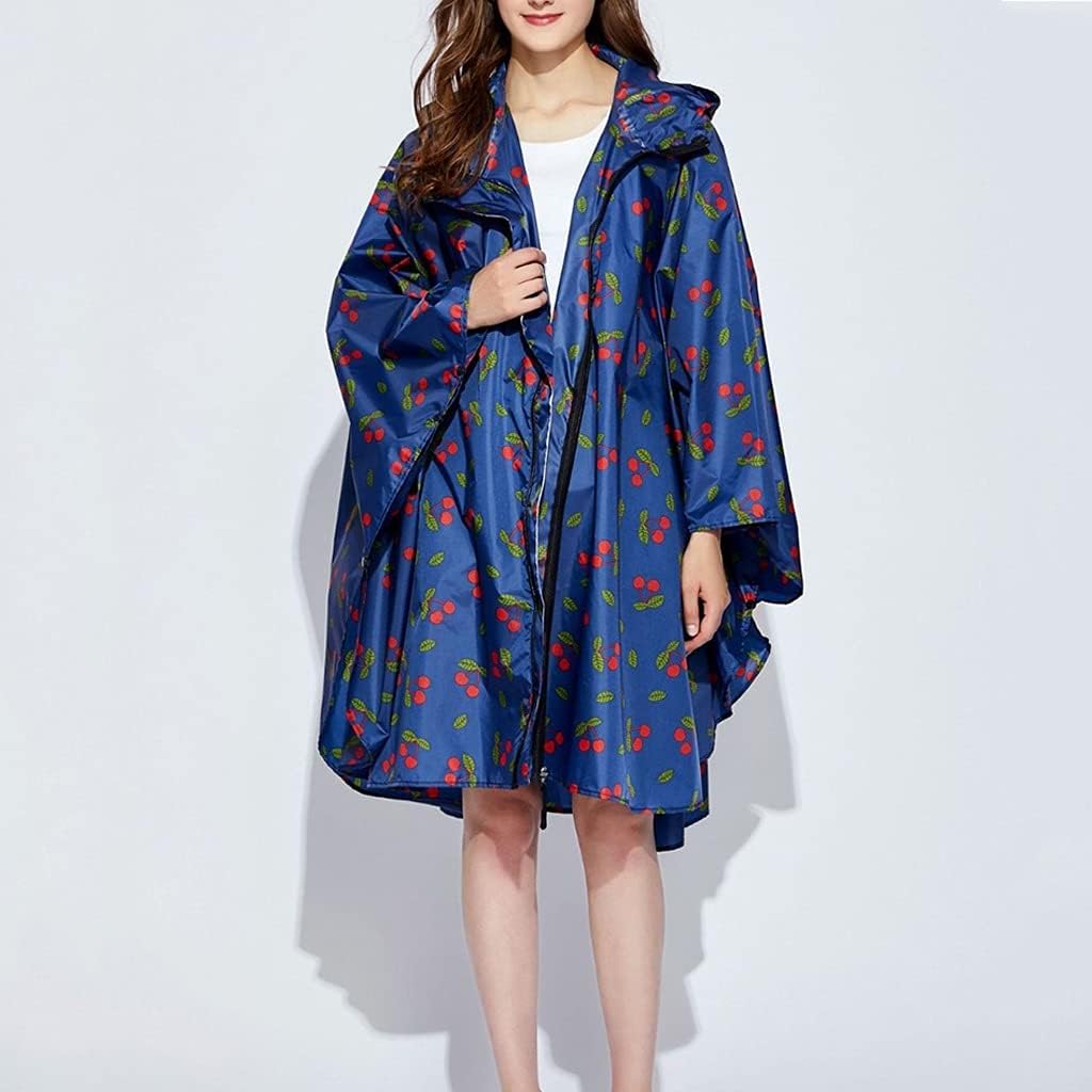 Women Waterproof Print Pattern Big rain Cape Poncho with Zipper Hood -Piece Raincoat(D)