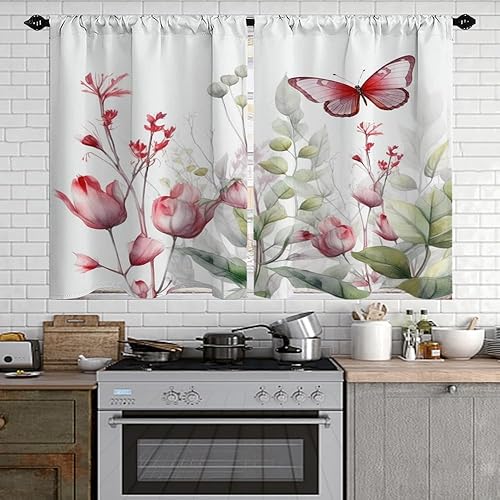 Miniatura 2 de Cortinas de cocina con diseño de flores y mariposas florales, con bolsillo para barra, cortina pequeña para cafetería, juego de 2 paneles de 27.5