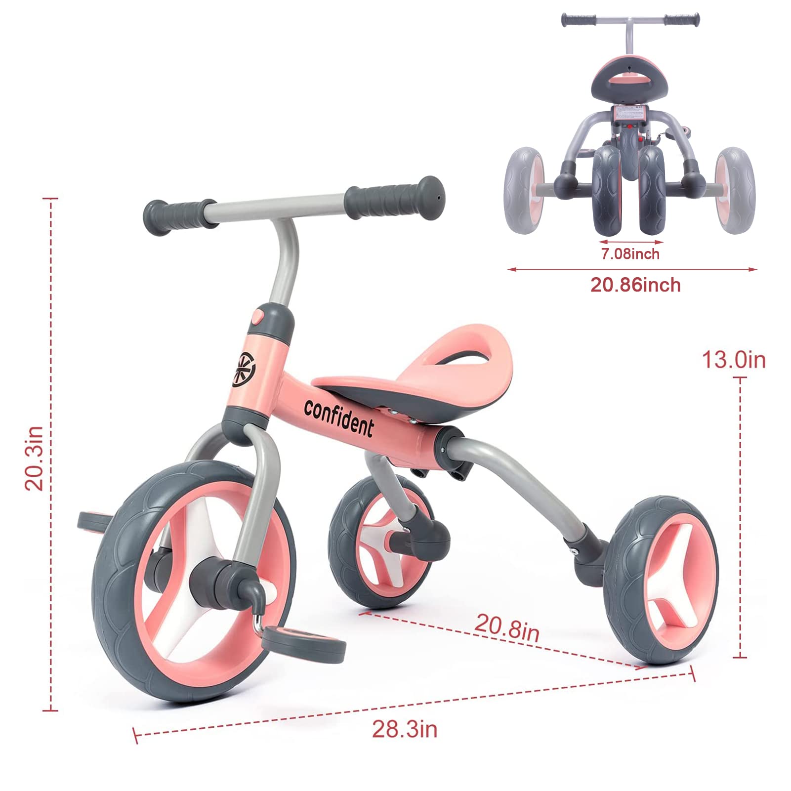 YGJT 4 in 1 Tricycle for Toddlers Age 2-5, Folding Kids Trike Tricycles Toddler Bike with Adjustable Seat and Removable Pedal, Baby Balance Bike Ride-on Toys Gift for Baby Boys Girls Birthday