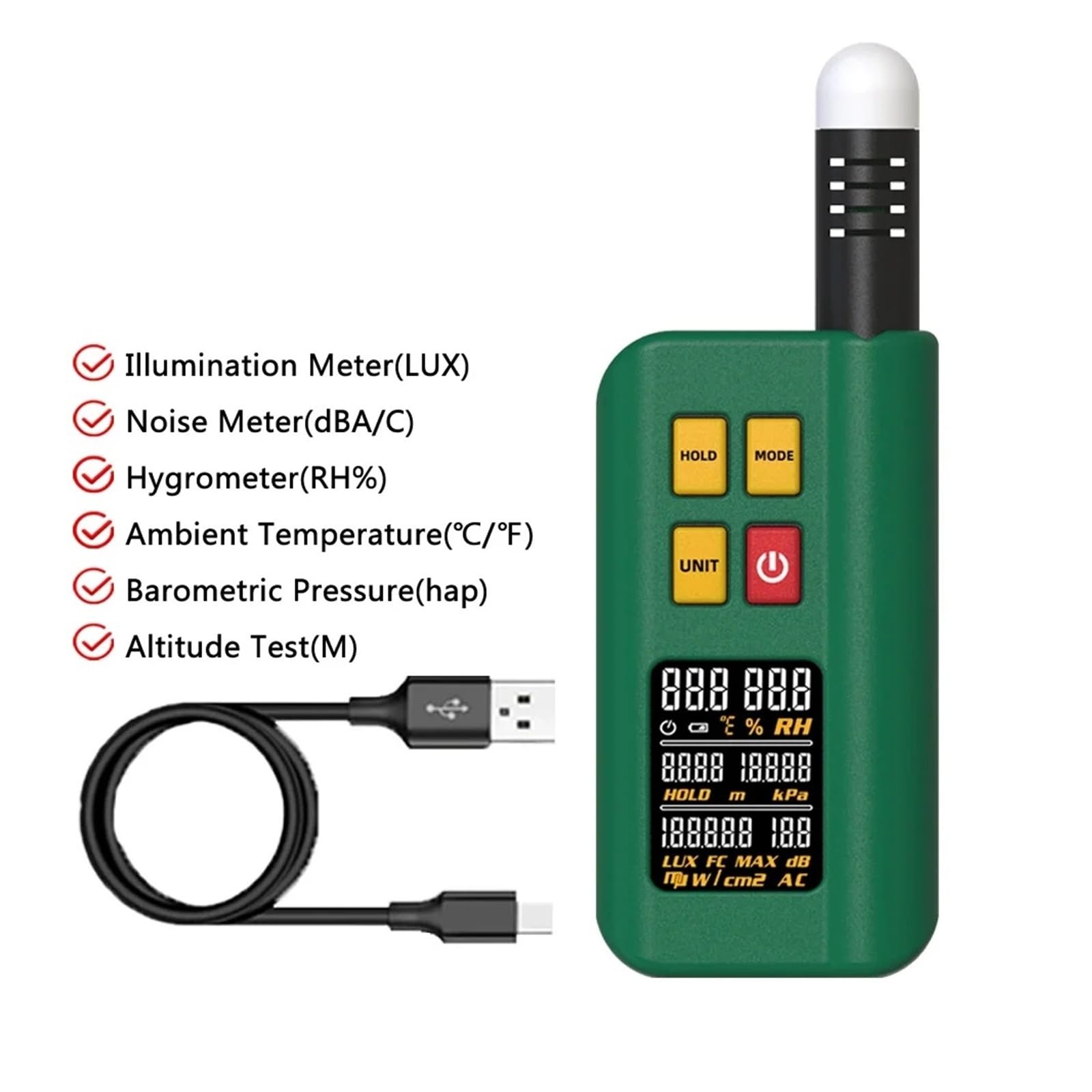 Medidor de temperatura ambiente, humedad, luz, ruido y altitud, medidor iluminancia barómetro digital,En tiempo real