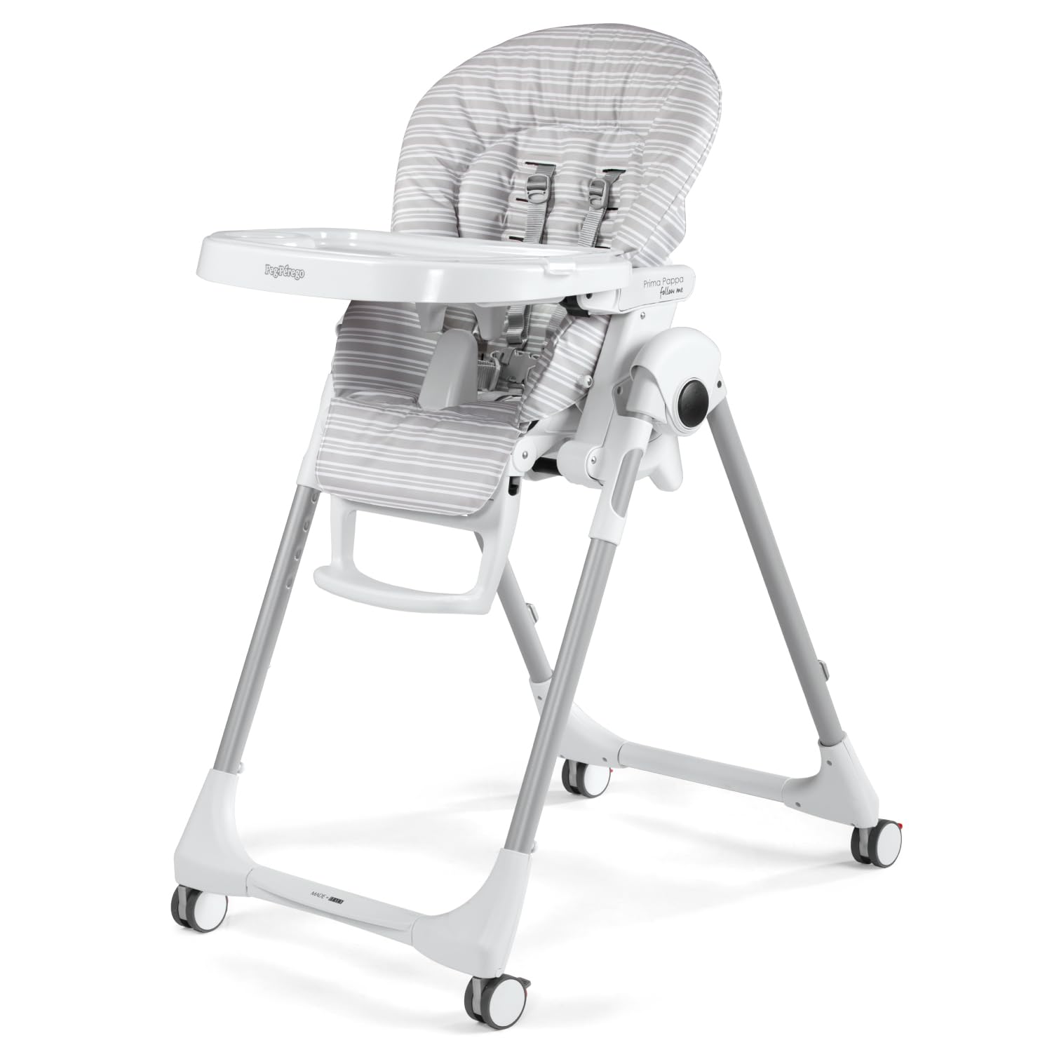Peg Perego Prima Pappa Follow Me Seggiolone Pappa Neonati Reclinabile, Funzione Sdraietta, 4 ruote, Pieghevole e Ultracompatto, per Bambini da 0 a 3 Anni (0-15 kg), Linear Grey
