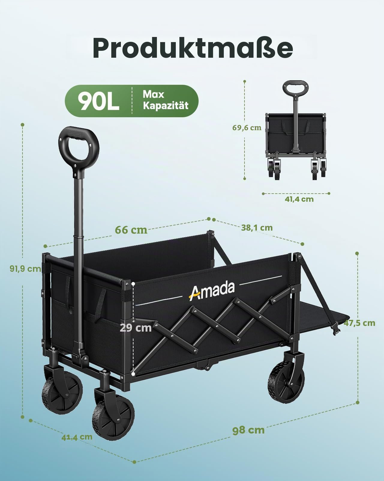 AMADA HOMEFURNISHING Bollerwagen faltbar, klappbarer Bollerwagen mit Maximalbelastung 163kg & Speicherung, Faltbarer Handwagen 90L mit 2 Getränkehaltern für Outdoor, Lebensmittel, Garten & Cam
