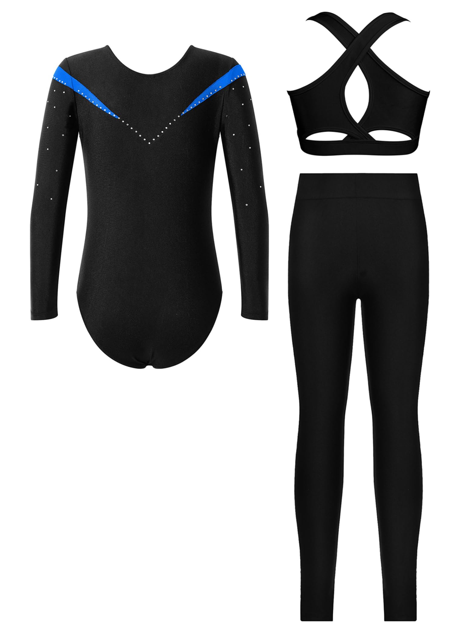 Piezas De Traje De Gimnasia Con Destellos Para Niñas Leotardos De Gimnasia De Manga Larga Tops De Deporte Brasier Y Pantalones Traje De Baile Para Azul 11-12 años