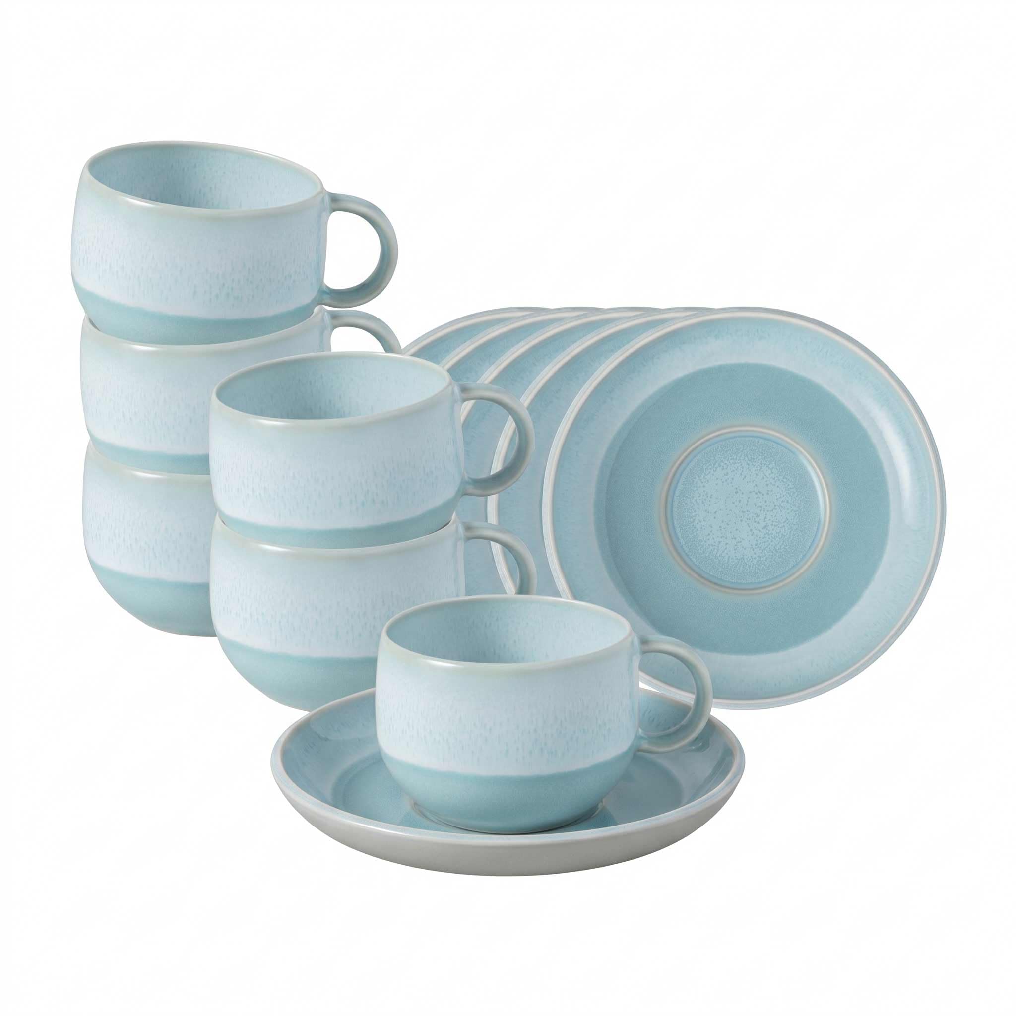 like. by Villeroy & Boch Perlemor Aqua Espressotassen mit Untertassen 60 ml 6er Set, Blau, spülmaschinenfest & mikrowellensicher, Effektglasur im Pottery-Look, Set für 6 Personen, Premium Porzellan