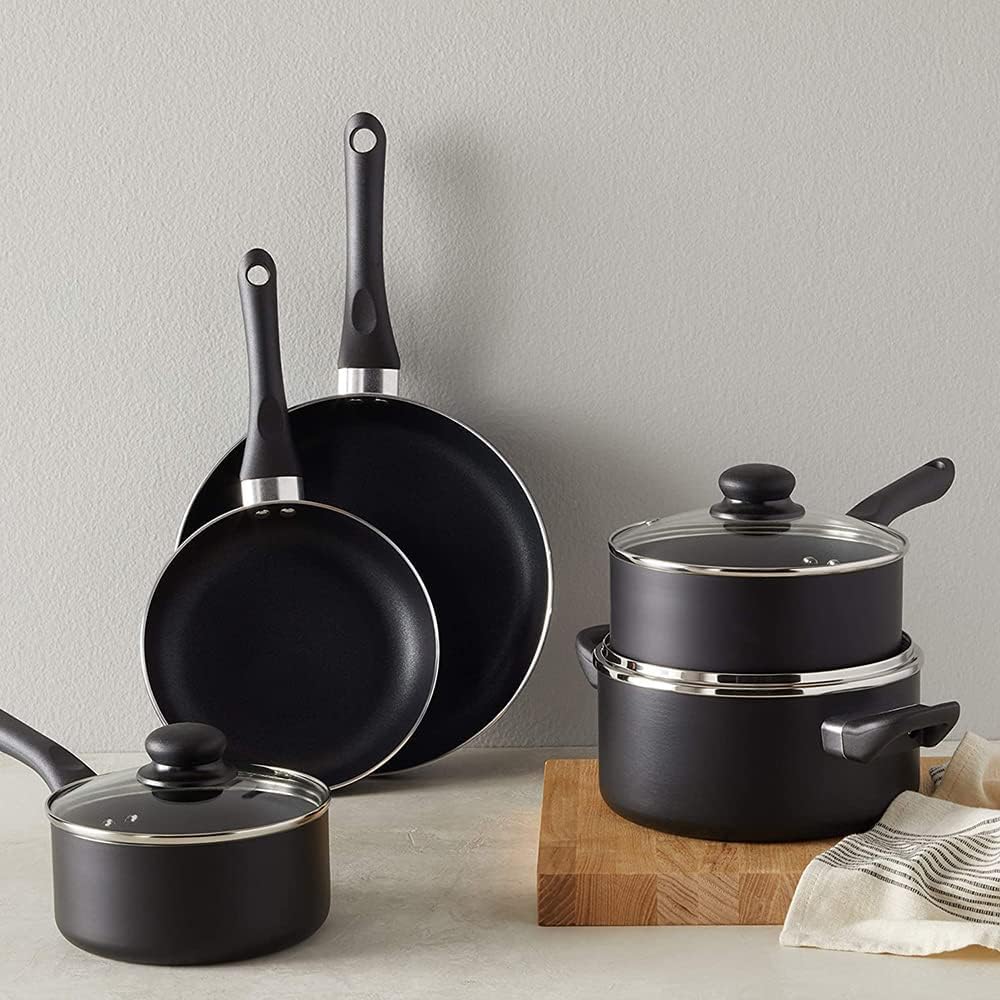 Bateria de Cocina de 8 Piezas. Juego de Ollas y Sartenes Completo: 2 Sartén 2 Cazo 1 Cacerola 3 Tapas de Cristal. Aluminio con Mangos de Baquelita, Incluye Set de 5 Cuchillos