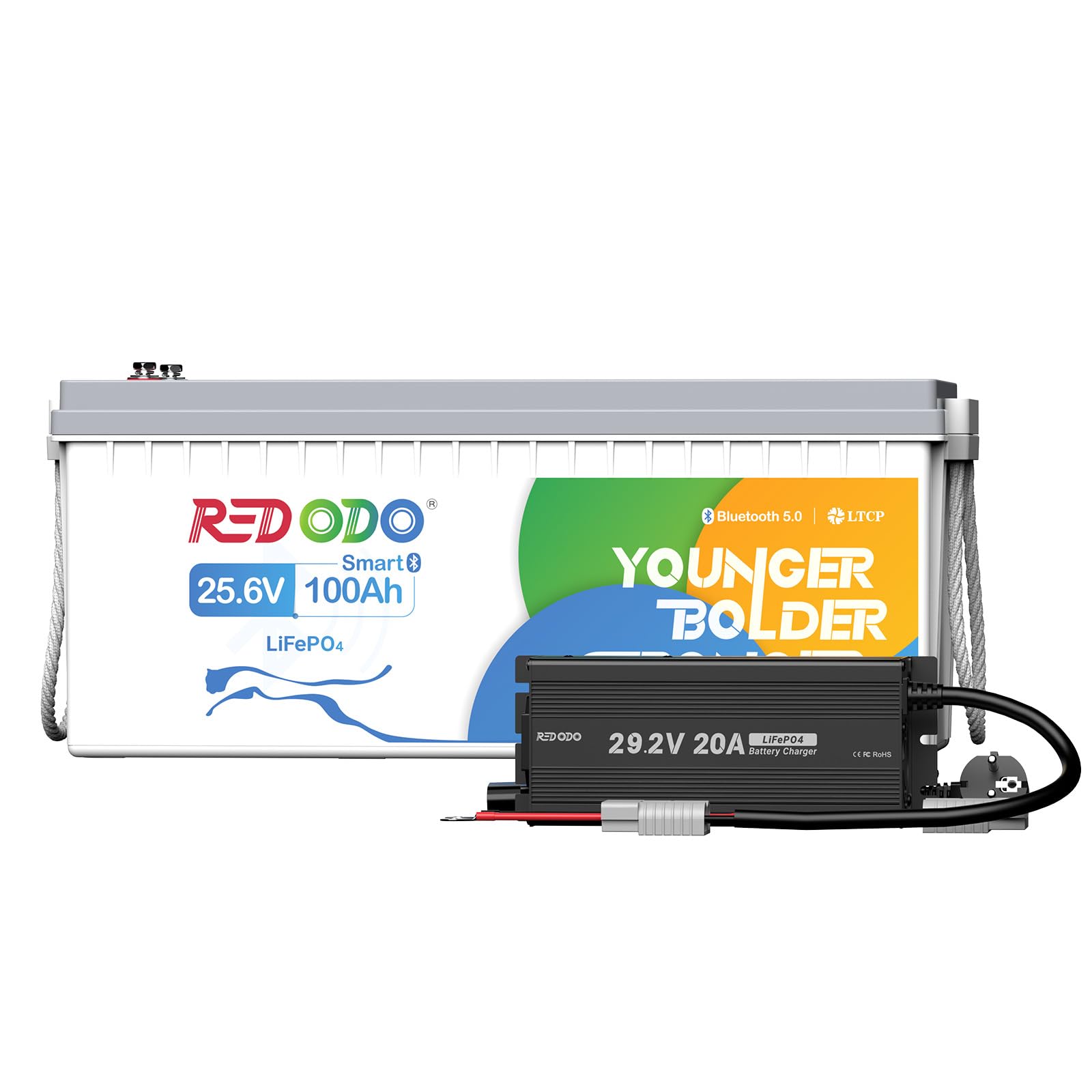 Redodo Akumulator litowy LiFePO4 24 V 100 Ah Bluetooth i zestaw ładowarek 29,2 V 20 A, 2560 Wh, do 15000 cykli, idealny do silników trollingowych, samochodów kempingowych, łodzi i domowych systemów