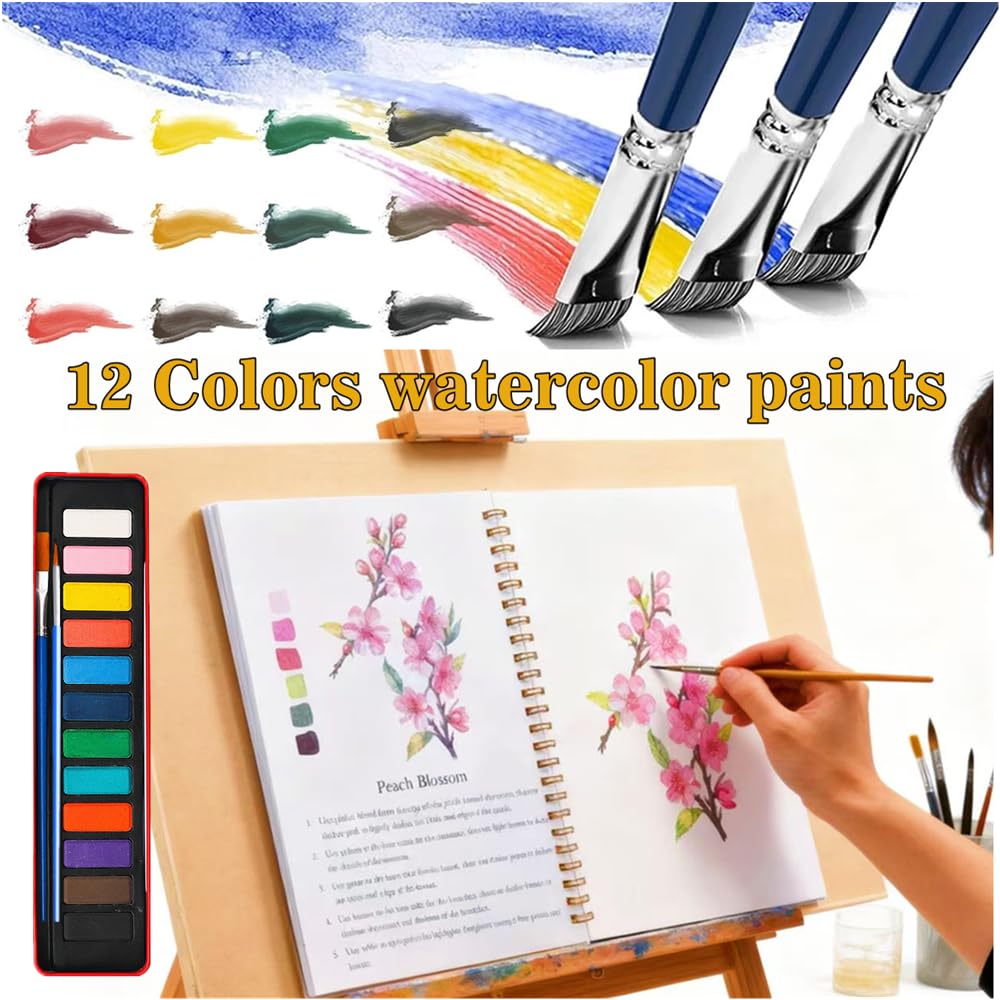 Cahier D'aquarelle Pour Débutants – 12 Couleurs Avec Pinceau – Kit De Peinture Portable – Cadeau Ado