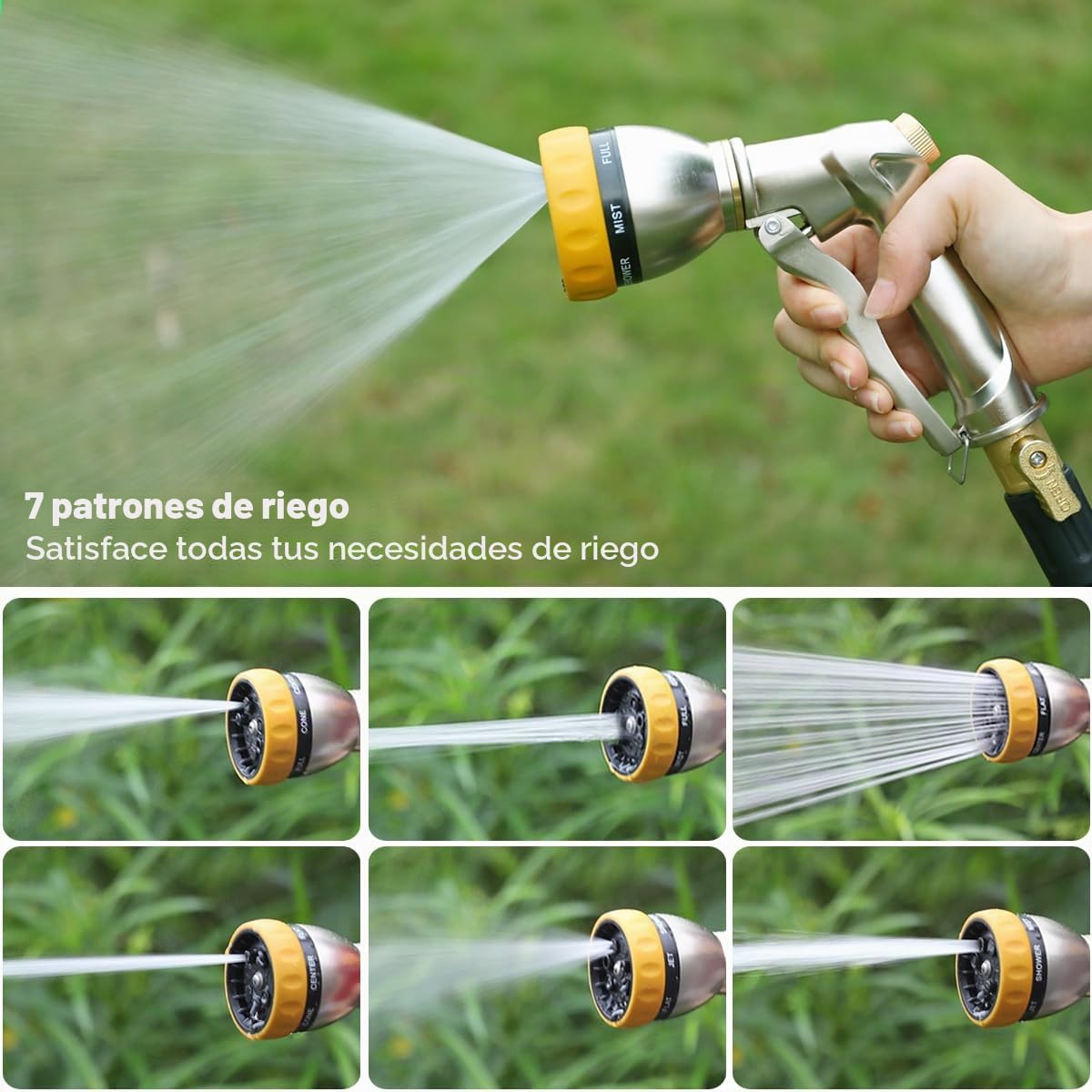 FANHAO Pistola de Riego 100% Metálica, Pistola de Agua para Jardín, 7 Modos Ajustables Pistola de Agua de Jardín de Alta Presión, Para Regar Plantas, Lavar Coches, Duchas Para Mascotas