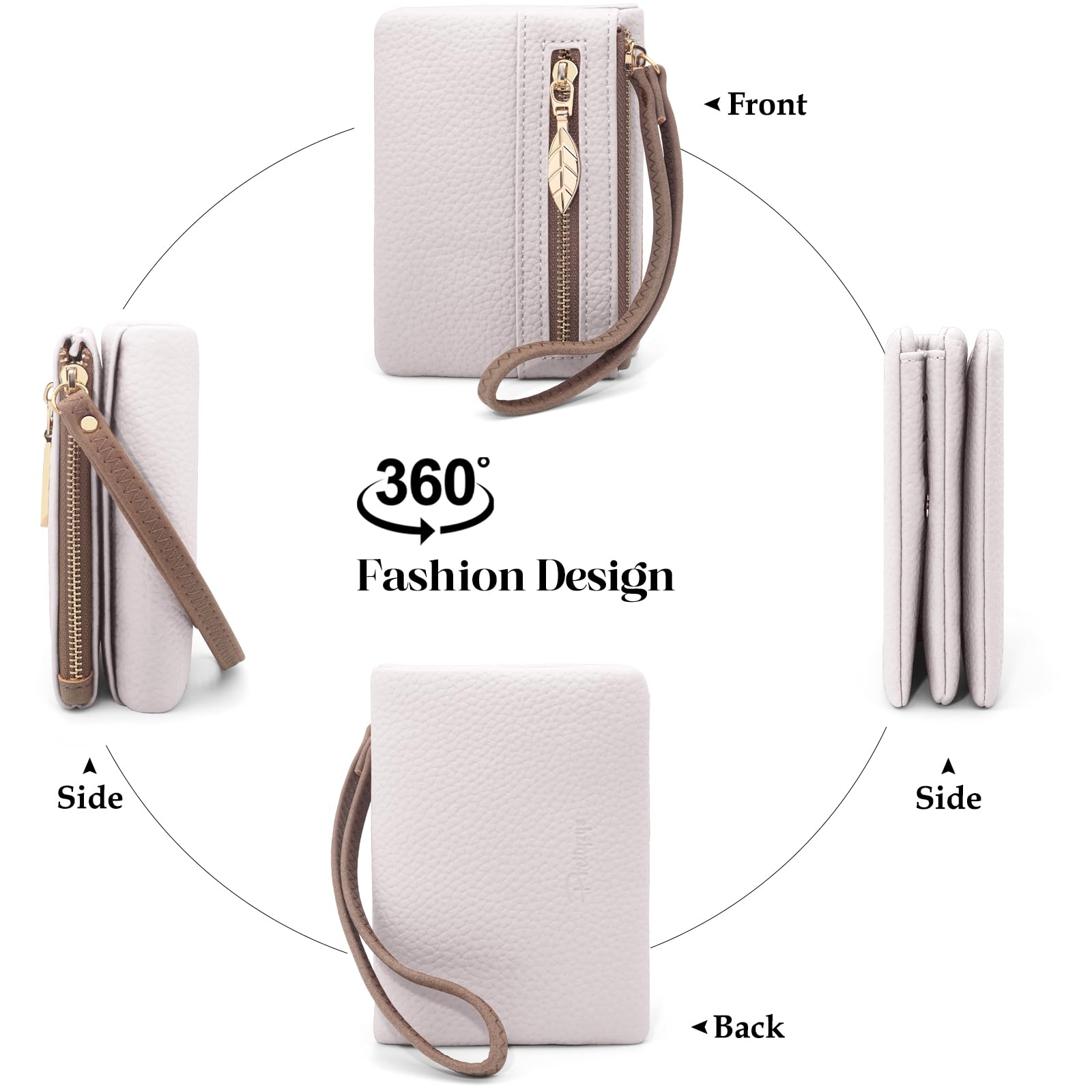 HNOOM Porte Monnaie Femme en Cuir PU Portefeuille Femme Petit Format Porte Feuille pour Femme Court avec 9 Emplacements de Cartes et 2 Zippé Pochette à Monnaie (Beige)