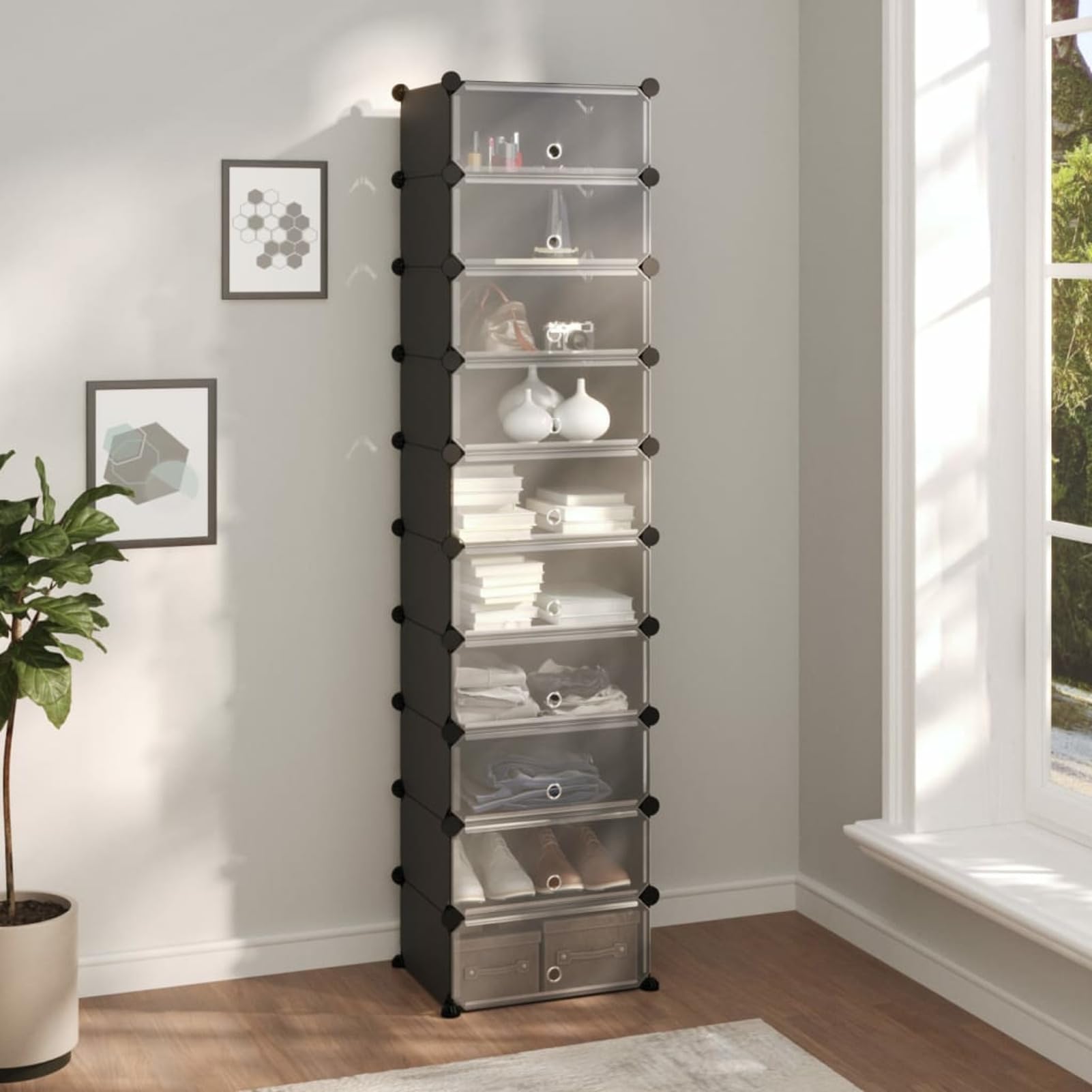 Étagère à chaussures noire 44x32x174 cm en polypropylène pour couloir