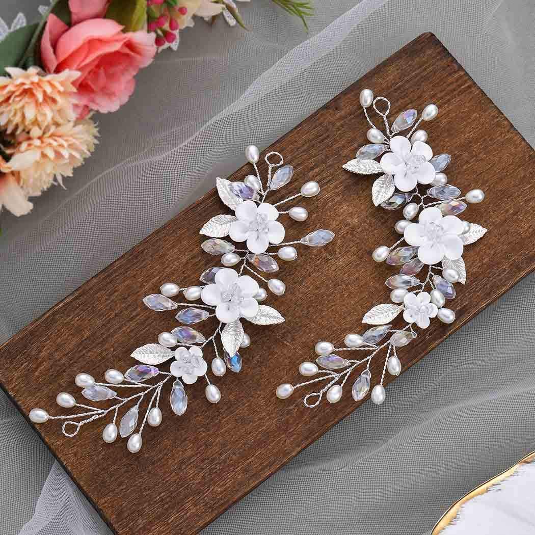 Vakkery Flower Wedding Hair Vine Silver Pearl Hedabands Bridal Crystal Hair Accessories for Women and Girls (Pack of 2)