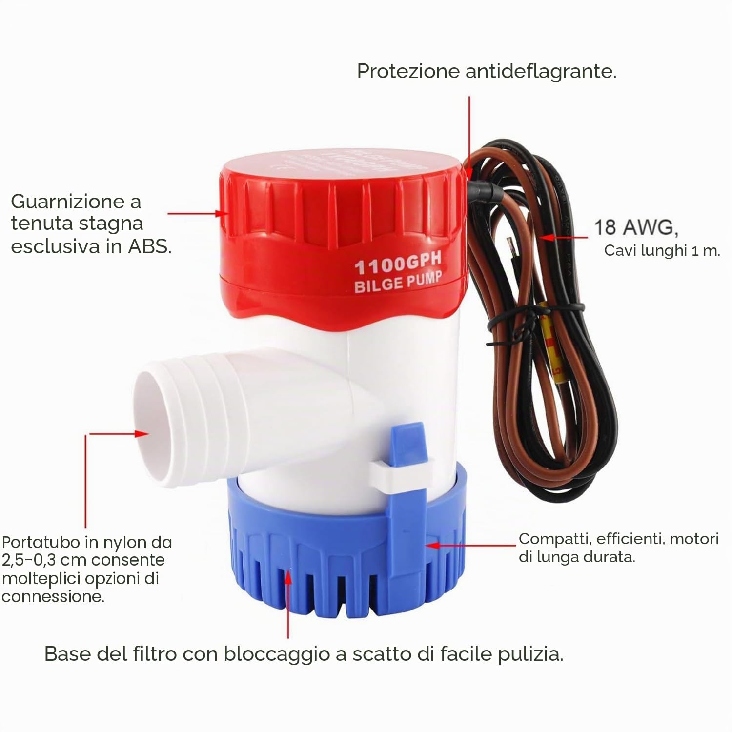 DCHOUSE Pompa di sentina elettrica 1100 GPH 12 V DC Pompa di sentina per barche sommergibile Pompa di acqua marina Pompa solare per piscine, barche da pesca e camper