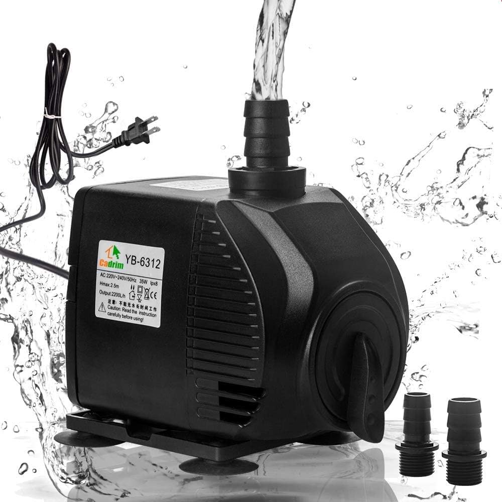 【Upgrade】 Cadrim 580GPH Fountain Pump (2200L/H, 35W), Submersible Pump with 8.2ft High Lift, Ultra Quiet Water Pump with 2 Nozzles for…