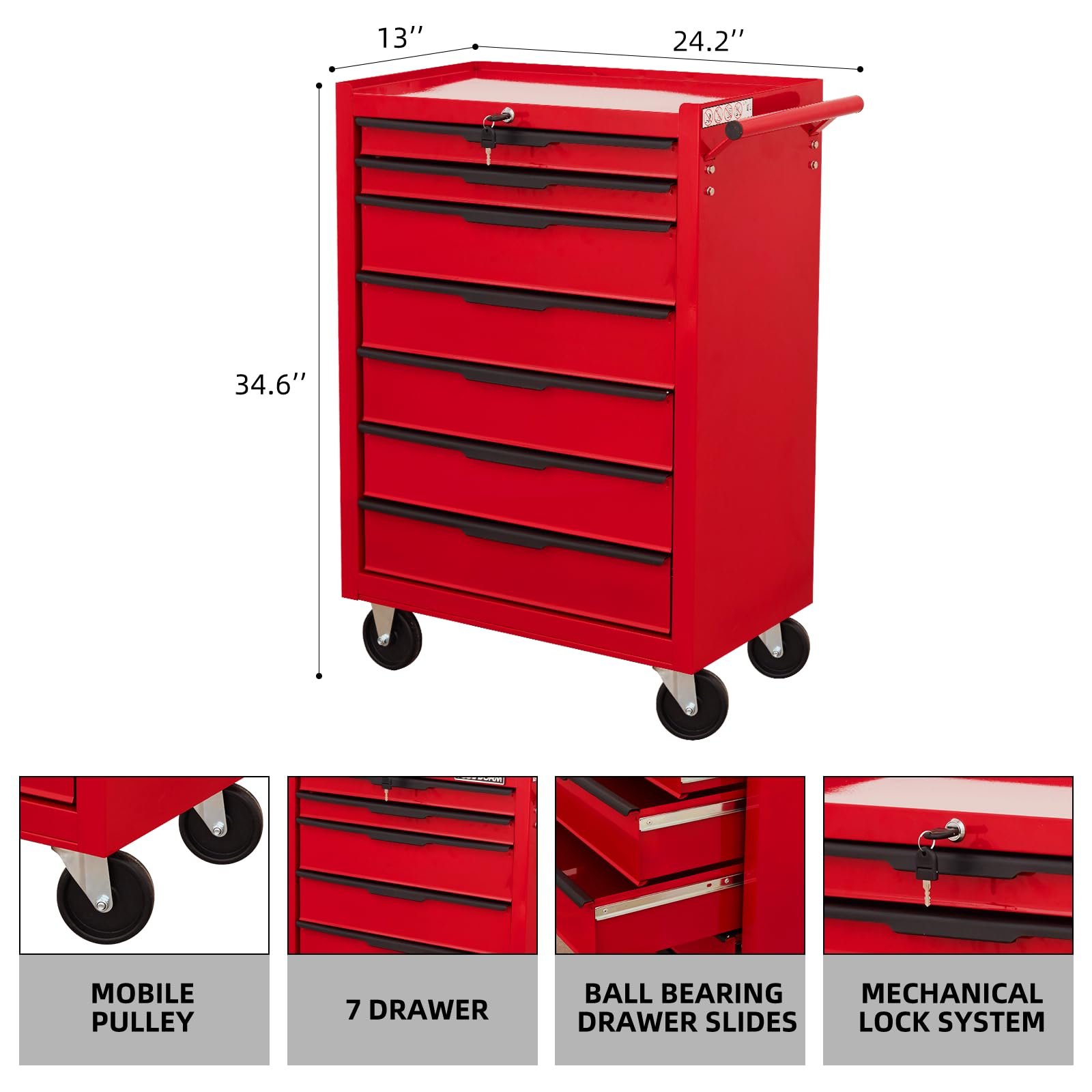 Servante d’Atelier avec 7tiroirs,Caisse à Outils en métal de grande capacité | avec roues et serrure à clé | chariot à outils de rangement roulant pour garage, etabli atelier garage (Rouge, 7 Tiroirs)