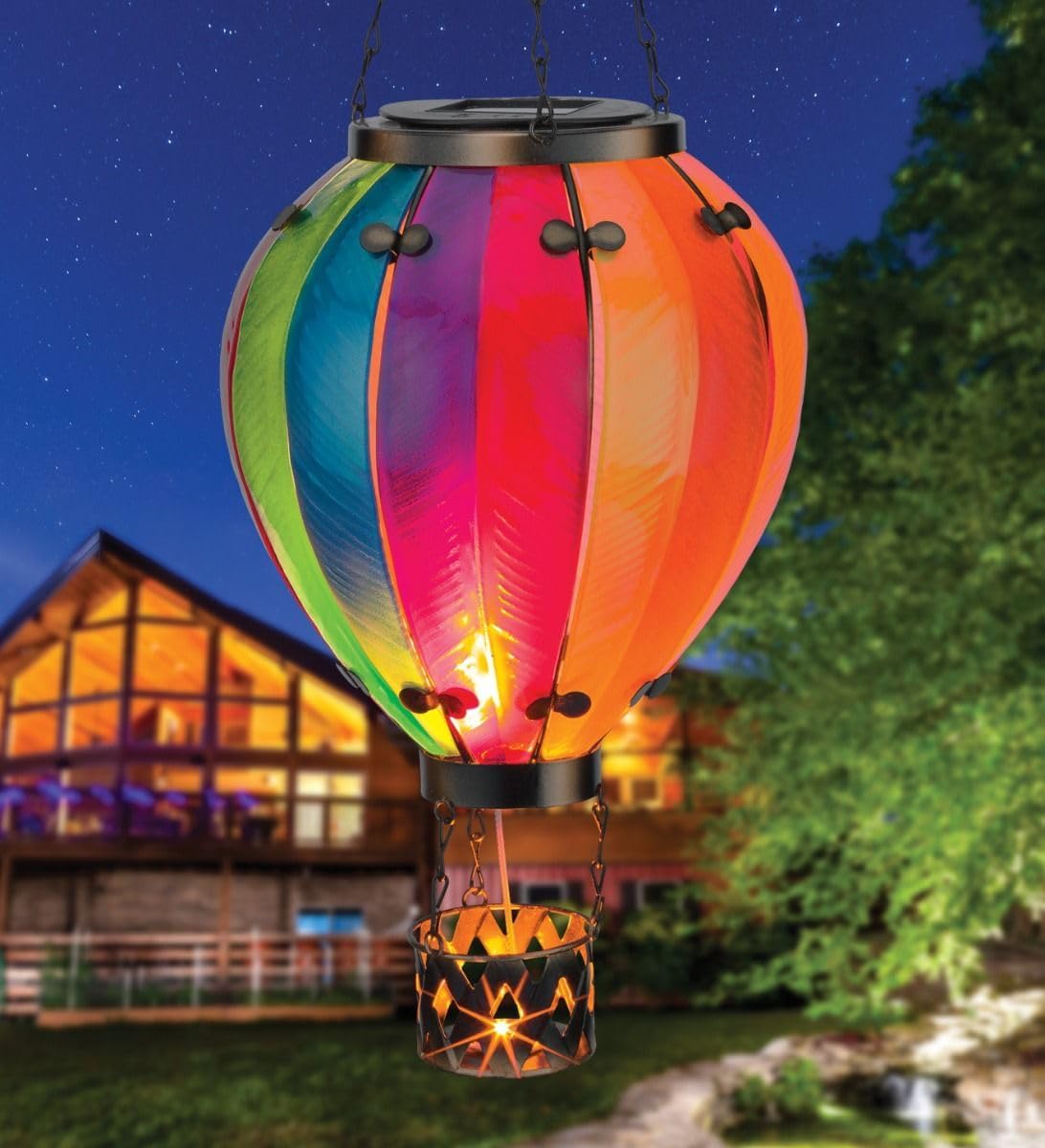 Regal Art & Gift 23.5 Inch Hot Air Balloon Solar Lantern – Hanging Solar-Powered LED Lights, Waterproof Portable Decorative Outdoor Lamp Made of Metal & Glass for Garden, Patios & Pathway – Rainbow