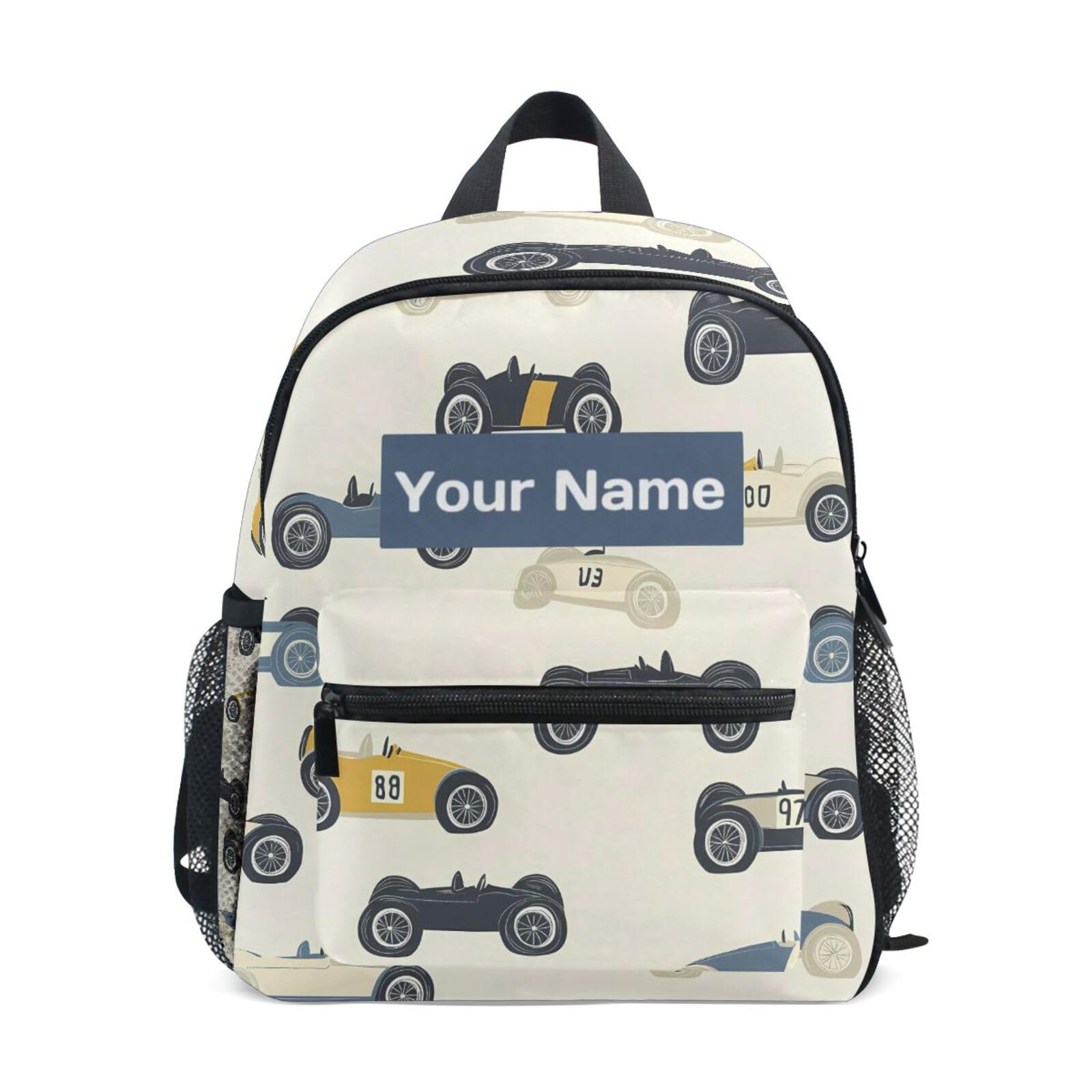 Custom Cartoon Race Cars Kids Backpack for Girls Boys, Childish Cars Toddler Casual Daypack Backpacks, Personalized with Kid's Name Preschool School