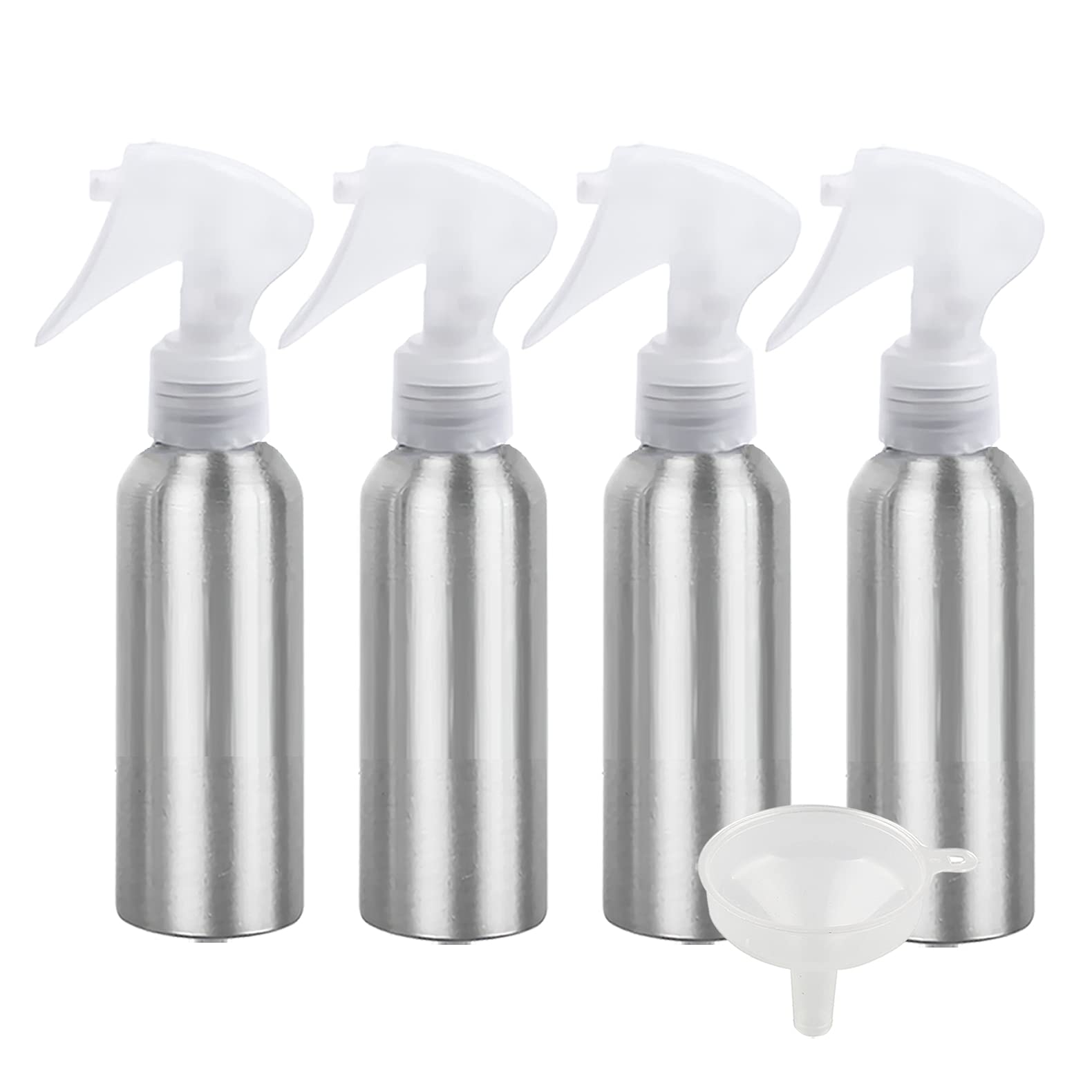 ZEOABSY Pack of 4 Empty 150ml Refillable Spray Bottles, 150 ml Aluminum Misting Bottles Transparent Trigger Sprayer for Cleaning, Gardening, Travel Beauty, Barber Shop Essential + 1 x Funnel