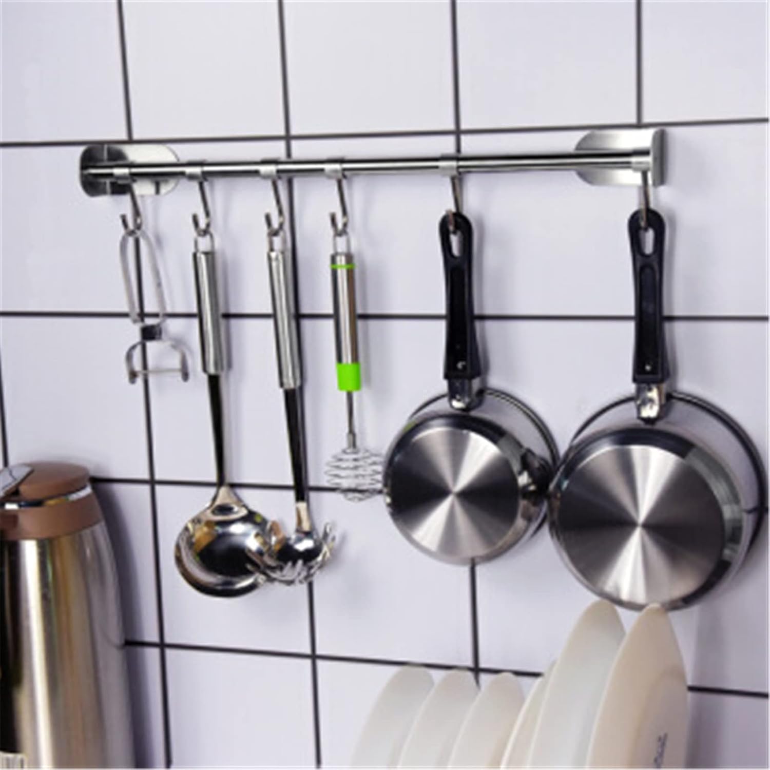 キッチンハンガー パンチフリーキッチン吊り棒ステンレス鋼の調節可能な鍋カバーハンガーキッチン吊り下げロッド 壁掛けフック (色 :