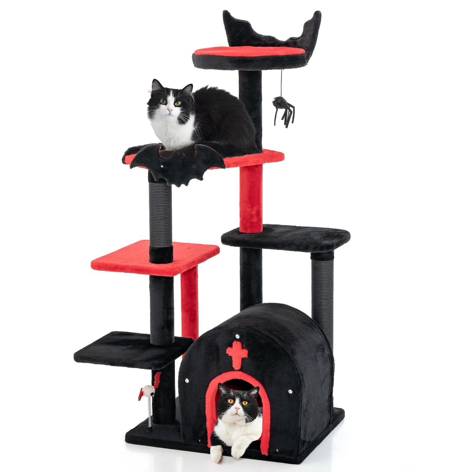 Maxmass Multi-level Cat Tree, 134cm Gothic Kitten Tower with Scratching Posts, Condo, Pompom and Spring Balls, Indoor Cats Climbing Frame for Bedroom Living Room Pet Store