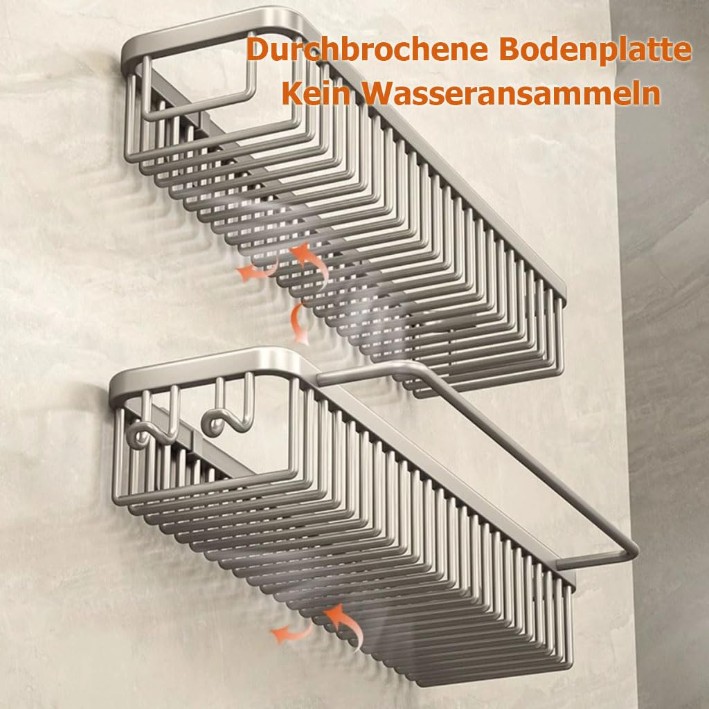 Duschablage Ohne Bohren, Wandkorb Wandregal Bohrfreie, Multifunktionale Badezimmer Organizer mit Haken, Platzsparende Ablage Bad für Badezimmer,B45cm