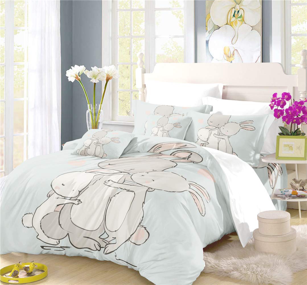 REALIN Cartoon Gray Rabbit Animal Prints Bedding Cute Grey Hare Duvet Cover Set Girl Boy Kids Bed Sets 3/4PCS Quilt Covers/Sheets/Pillow Shams,Twin/Full/Queen/King (B,Full-200x229cm-4PCS)