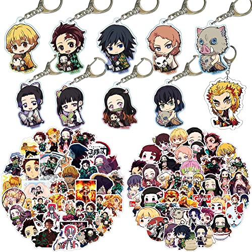 SIMUR Anime Schlüsselanhänger Anime Sticker 100 Stück(mit 10 Anime-Schlüsselanhängern)Zweiseitiger Schlüsselanhänger Cosplay Acryl Anhänger Schlüsselanhänger für Schultasche,Federmäppchen,Auto,Fahrrad