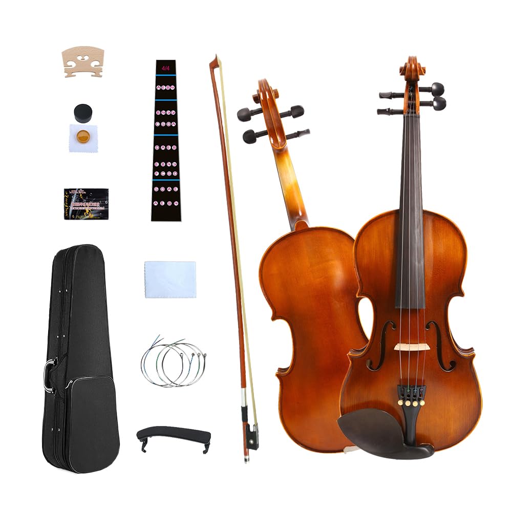 Set di violino 4/4 in legno massello per principianti con custodia rigida, archetto, colofonia, spalliera, top in abete intagliato a mano, tastiera in ebano per bambini, adulti e studenti