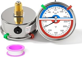 0-160PSI & 30-250°F Liquid Filled Thermal Pressure Gauge, 2.5" Dial Size, 1/4" NPT Back Mount, Stainless Steel Case, for Steam, Water, Oil Systems (with Range Mark Pointer)