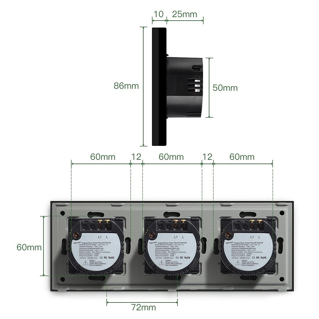 Lichtschalter Unterputz, Wechselschalter Berührungsschalter Touch-Sensor Wandleistung 3 Gangschalter-Panel 2-Wege-Lichtschalter-Hintergrundbeleuchtung(White)