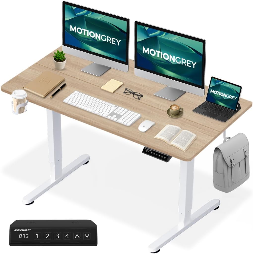 MotionGrey Ergo2 - Electric Standing Desk 47” x 24”, Height Adjustable Desk with 4 Memory Presets, Light Brown Top, White Frame, Ergonomic Home Office & Gaming Desk with Cup Holder, Hooks, Mouse Pad - Amazon product rated Grade B