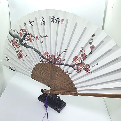 Miniatura 2 de Ventilador tradicional coreano pintado a mano plegable con diseño de flor de ciruelo, ventilador decorativo de mano con soporte