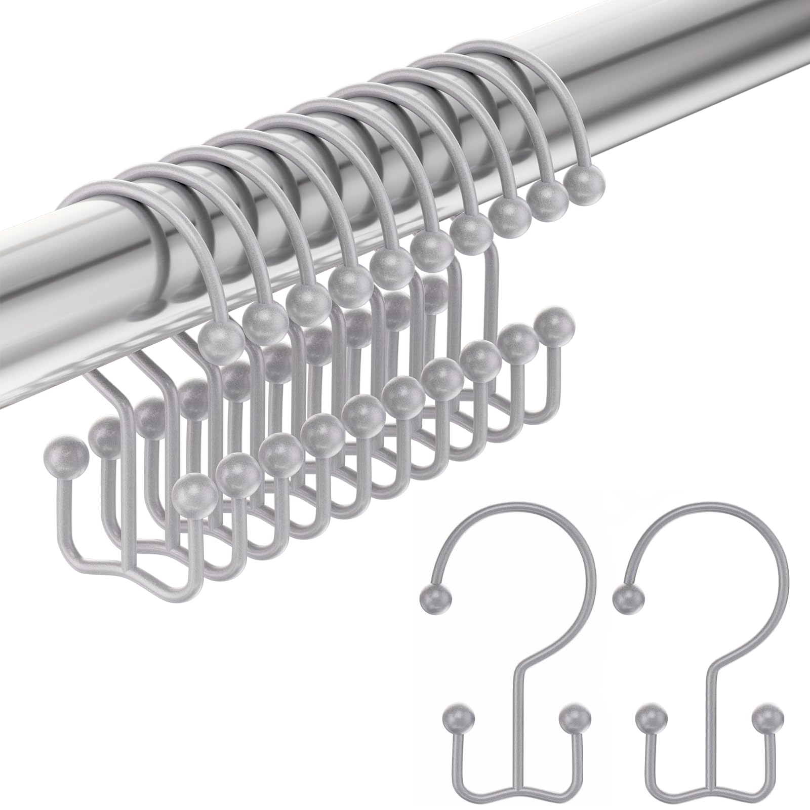 Amazer Shower Curtain Hooks Silver Double Shower Curtain Hooks, Shower Curtain Rings Sturdy Stainless Steel Shower Hooks for Bathroom Shower Rod, 12Pcs Shower Curtain Hangers