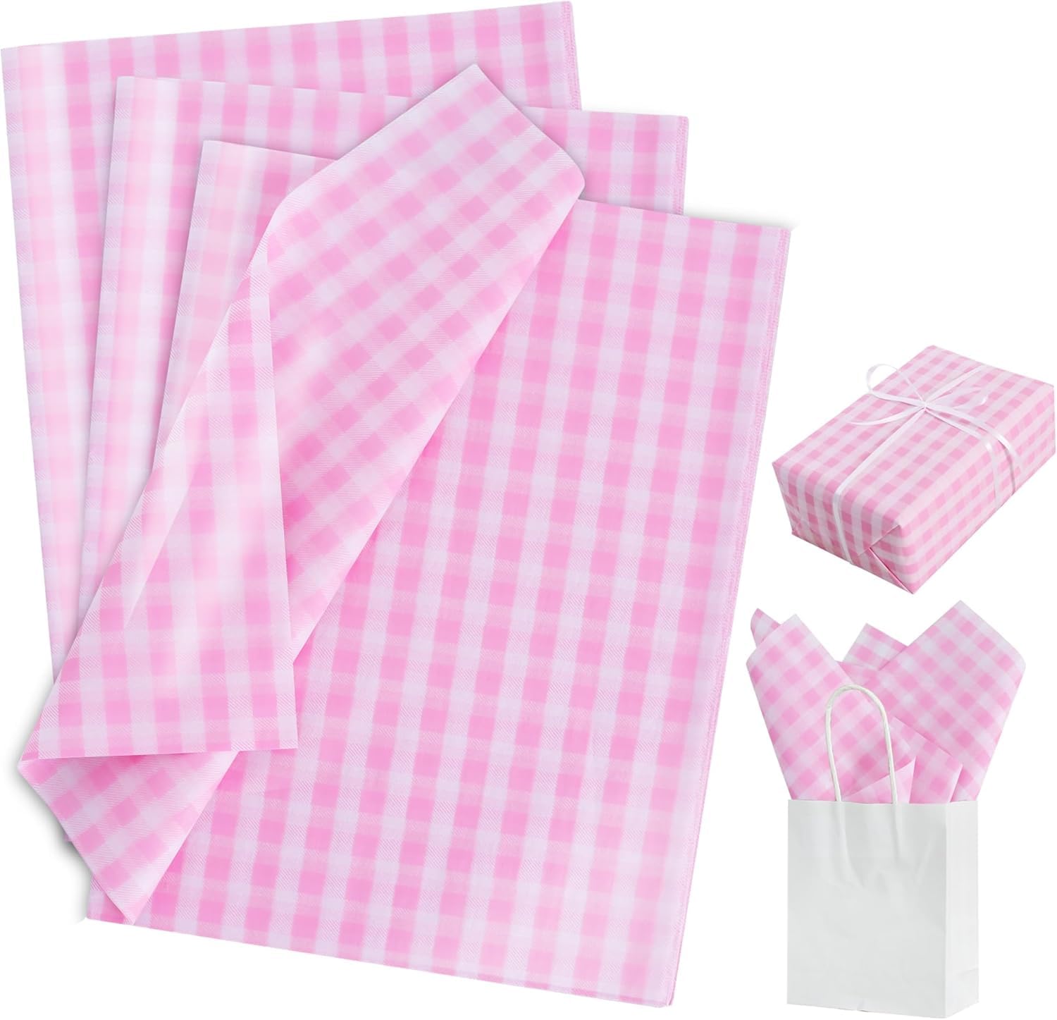 RIBBOOO 14 x 20 Inch 50 Sheets Pink & White Gingham Tissue Paper Plaid Checkered Gift Wrapping Paper for Birthday,Wedding,Thanksgiving, Graduation,Christmas Party Craft Decoration
