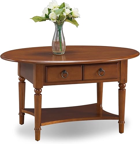 Mesa de centro ovalada de madera maciza costera con estante y cajón, color marrón pecano intenso, perfecta para salas de estar y espacios pequeños -