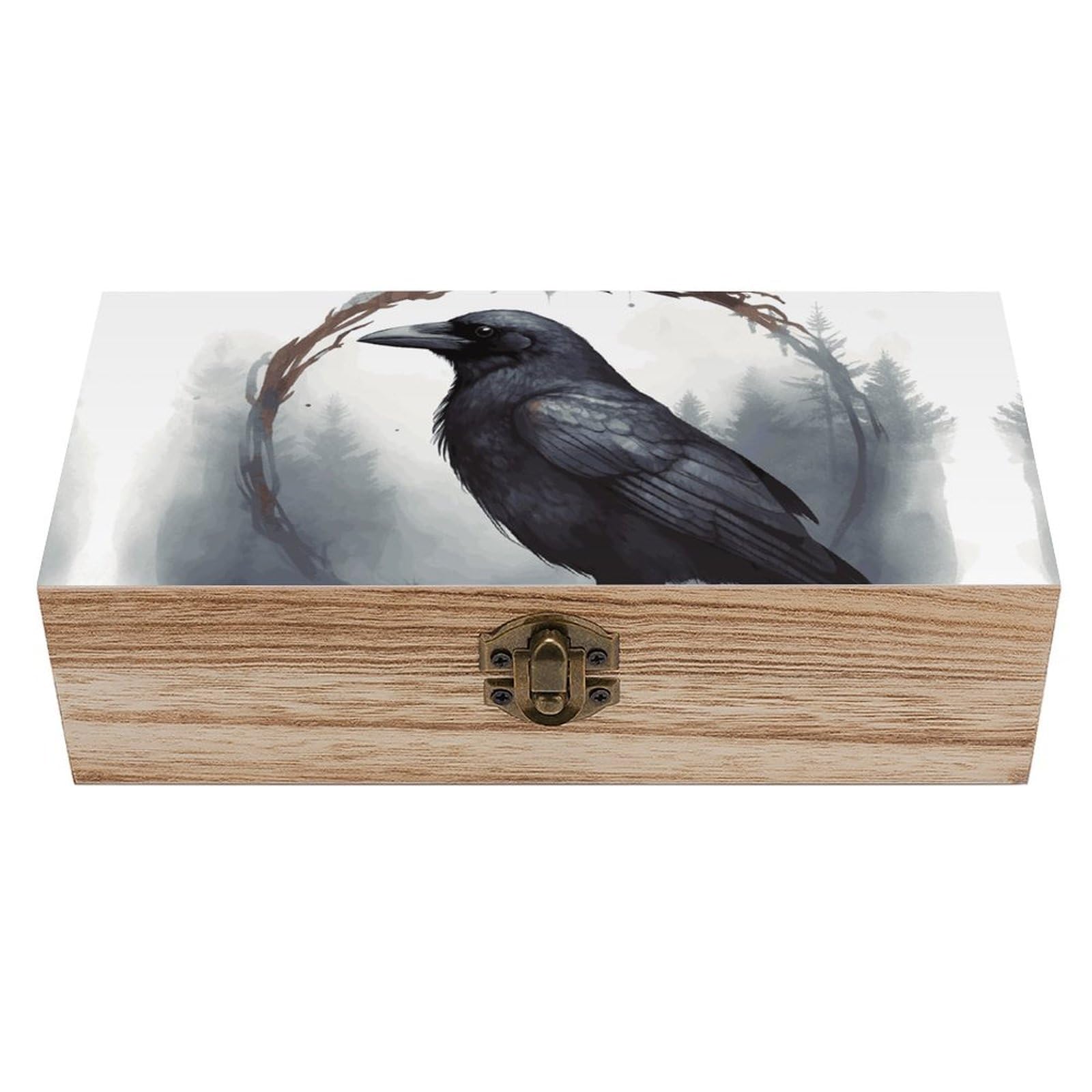 FekiLoot Black Crow Wooden Keepsake Box Decorative Wood Storage Organizer with Hinged Lid Large Handmade Boxes Wedding Memory Treasure Box for Jewelry Photos Stamps Crafts