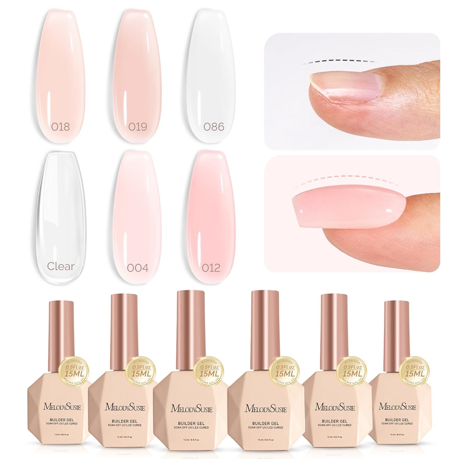 MelodySusie Builder Gel Nail Set for Nails Thickening,6 Colors 15ML Nude Base Colors Clear Rubber Base Gel Polish,Soak Off UV Extension Gel,Rhinestone Nail Glue in a Bottle Gift for Women
