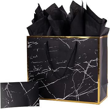 ysmile Black Marble Large Gift Bag with Tissue Paper and Greeting Card, Luxury Gold Foil Gift Bag for Dad, Husband, Grandpa, Birthday, Graduation, Fathers Day, Retirement, Mens Gift Wrapping Bag