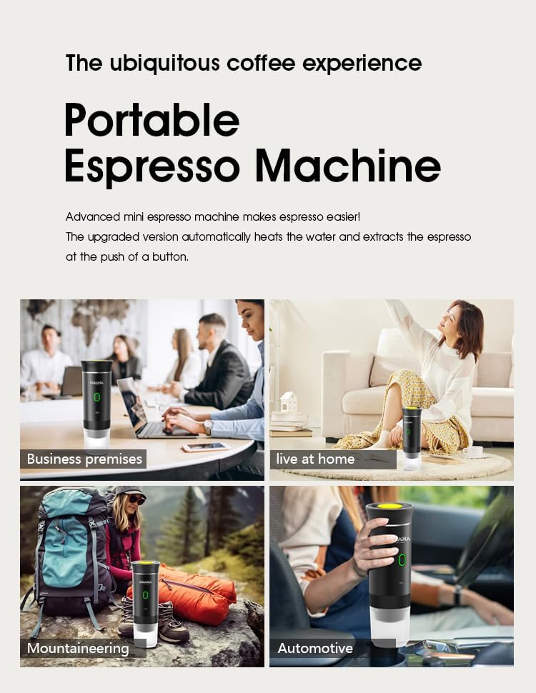Collage of people using the portable coffee machine in different settings: business premises, home, mountaineering, and automotive