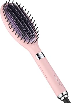 Rozamor Ionic Hair Straightener Brush Ceramic Straightening Brush with 6 Temp Settings, LCD Display, Auto-Off, Dual Voltage Flat Iron with Anti-Scald Design, Pink