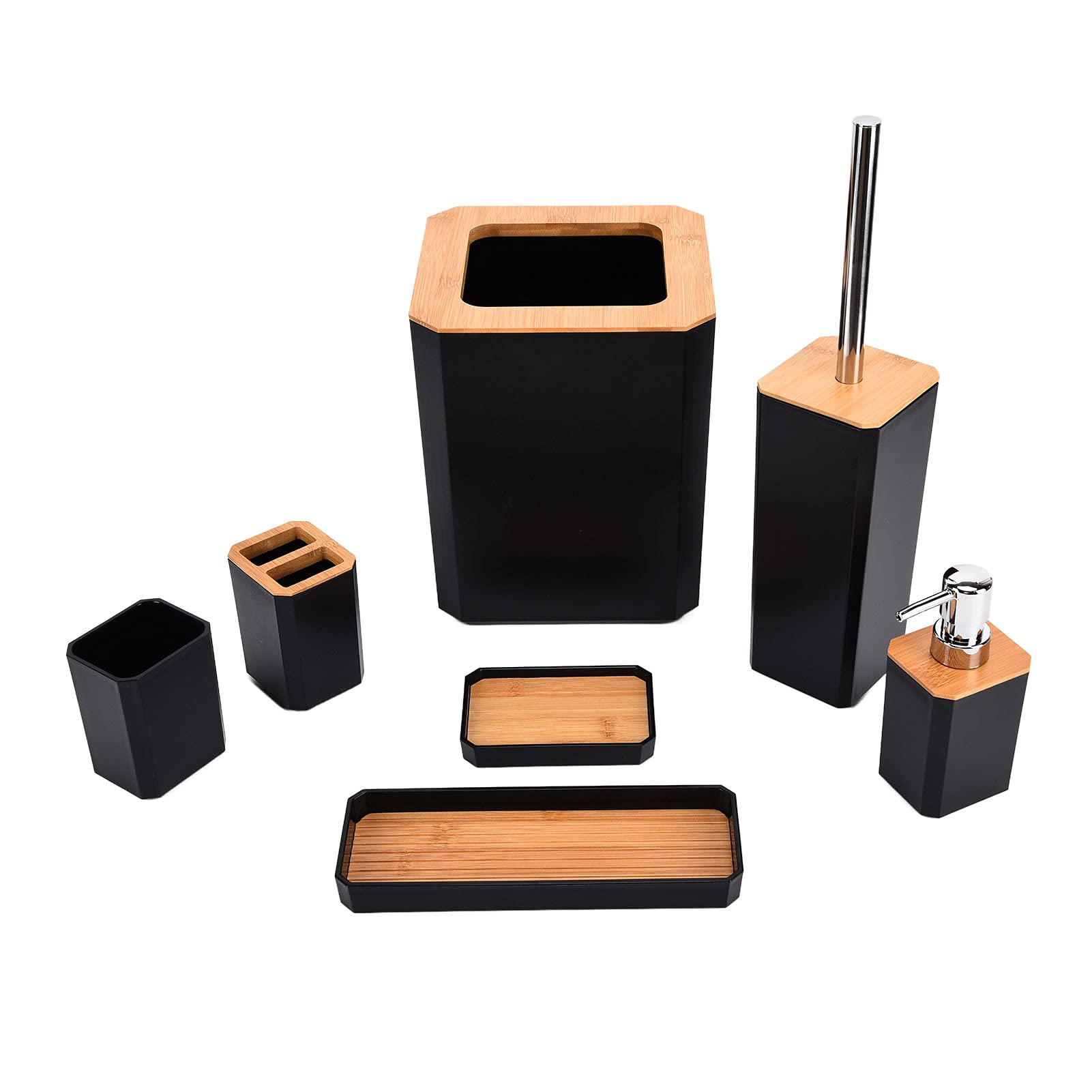 Ejoyous Juego de Accesorios de Baño de bambú, Juego de Inodoro de 7 Piezas con Jabonera ABS, Soporte para Cepillo de Dientes, Bote de Basura y Escobilla de Inodoro para el Baño de Invitados del