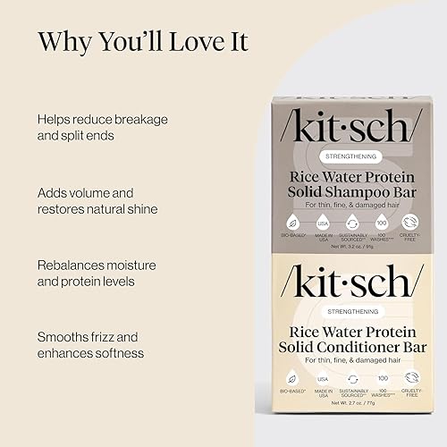 Miniatura 4 de Kitsch Set de champú y acondicionador de agua de arroz, barra sólida de champú y acondicionador con proteína para fortalecer el cabello y reparar