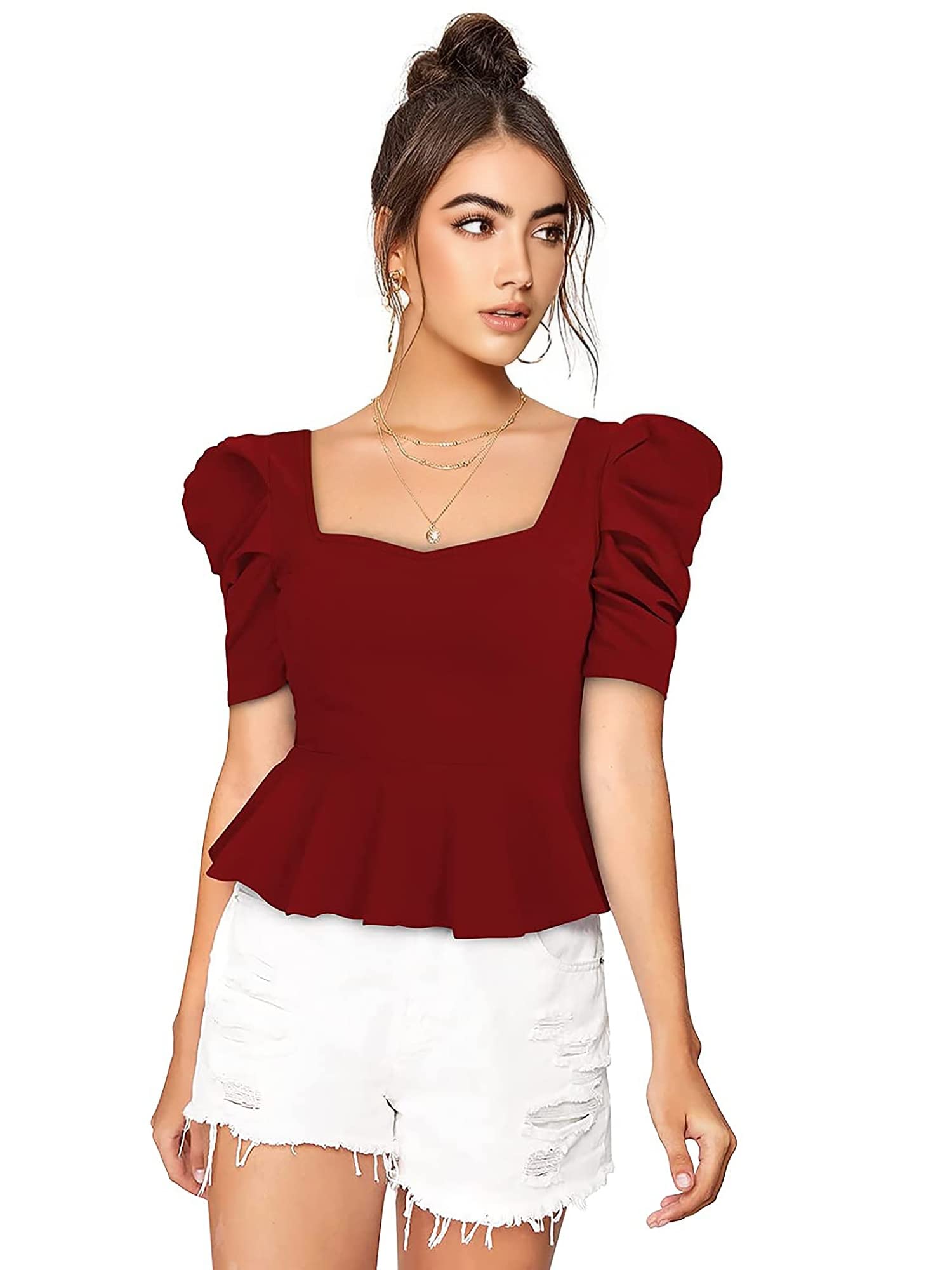 v veshh Puff Short Sleeve Peplum Sweetheart Neck Peplum Women Top-picture-40