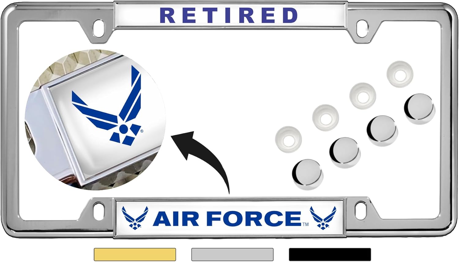 [Officially Licensed Product] - Retired U.S. Air Force with Wings Symbol - Domed Custom-Made Personalized Narrow (Thin) Top 4 Hole Metal Car License Plate Frame with Free caps - Chrome Frame (Qty: 1)